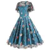 1950S Teal Floral Embroidered Lace Overlay Short Sleeve Vintage Swing Dress