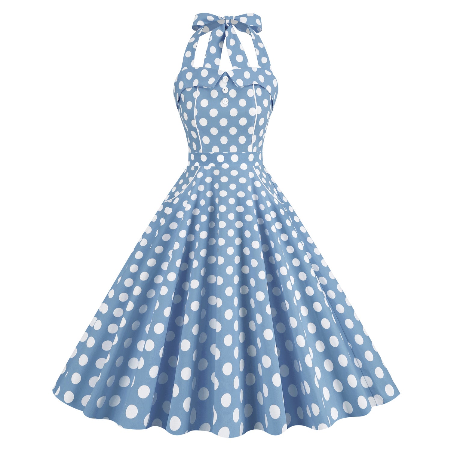1950S Yellow Retro Polka Dot Halter Neck Vintage Dress