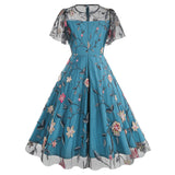 1950S Teal Floral Embroidered Lace Overlay Short Sleeve Vintage Swing Dress
