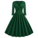 1950S Deep Green 3/4 Sleeve V-Neck Vintage Swing Dress