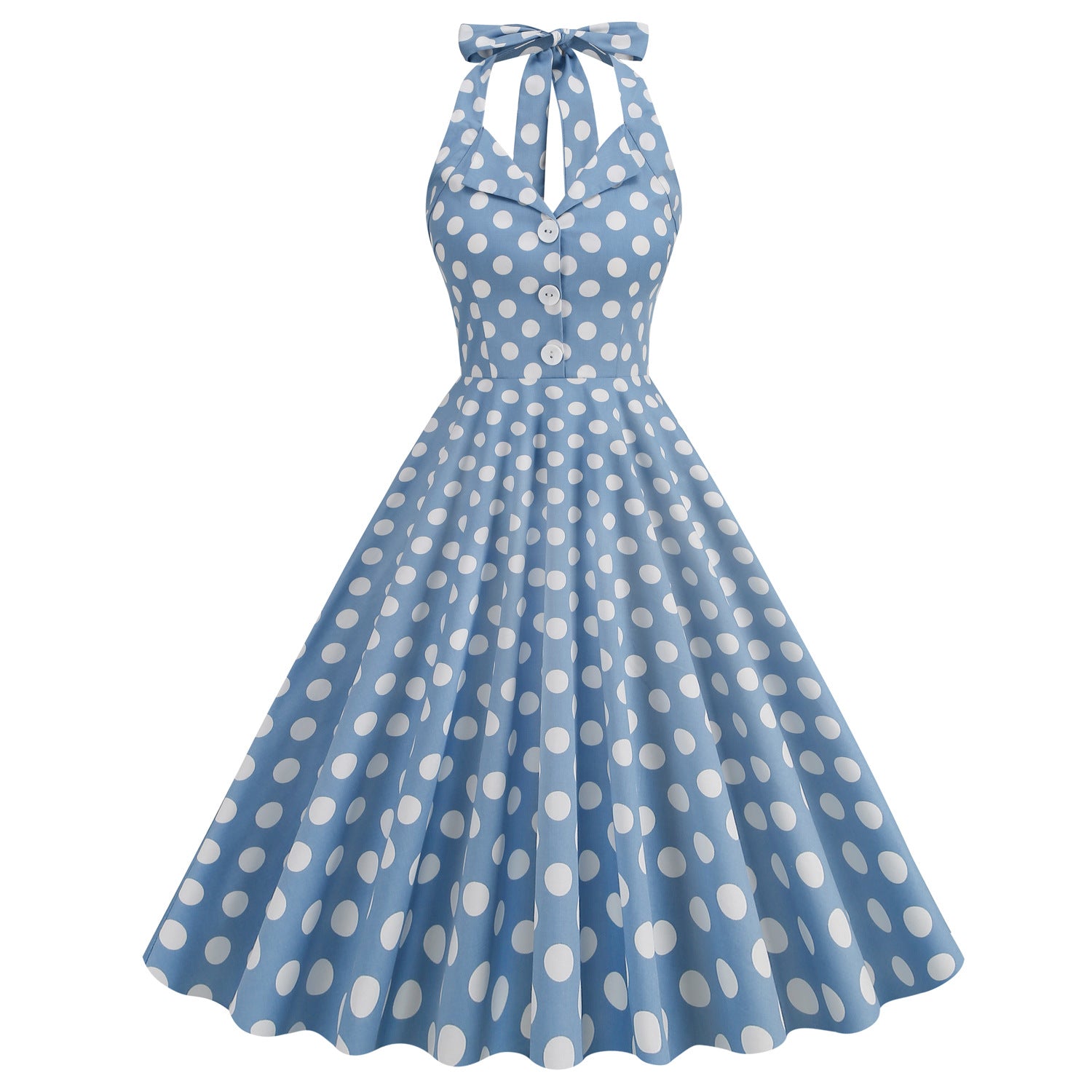 1950S Green Retro Polka Dot Halter Belted Sleeveless Vintage Dress