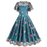 1950S Teal Floral Embroidered Lace Overlay Short Sleeve Vintage Swing Dress