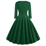 1950S Deep Green 3/4 Sleeve V-Neck Vintage Swing Dress