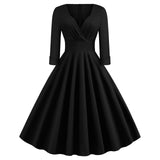 1950S Deep Green 3/4 Sleeve V-Neck Vintage Swing Dress