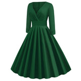 1950S Deep Green 3/4 Sleeve V-Neck Vintage Swing Dress