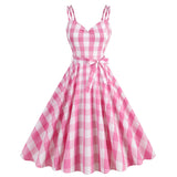 1950S Belted Barbie Pink Plaid Women's Camisole Vintage Dress