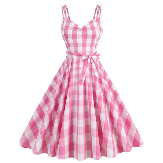 1950S Belted Barbie Pink Plaid Women's Camisole Vintage Dress