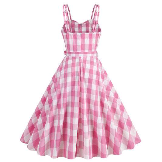 1950S Belted Barbie Pink Plaid Women's Camisole Vintage Dress