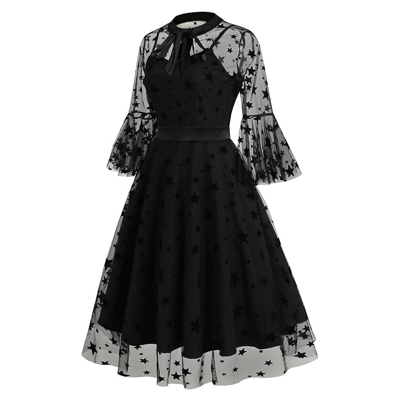 1950S Black A-Line Bow-Tie Neckline Embroidery Sheer Bell Sleeves Vintage Dress with Blue Floral