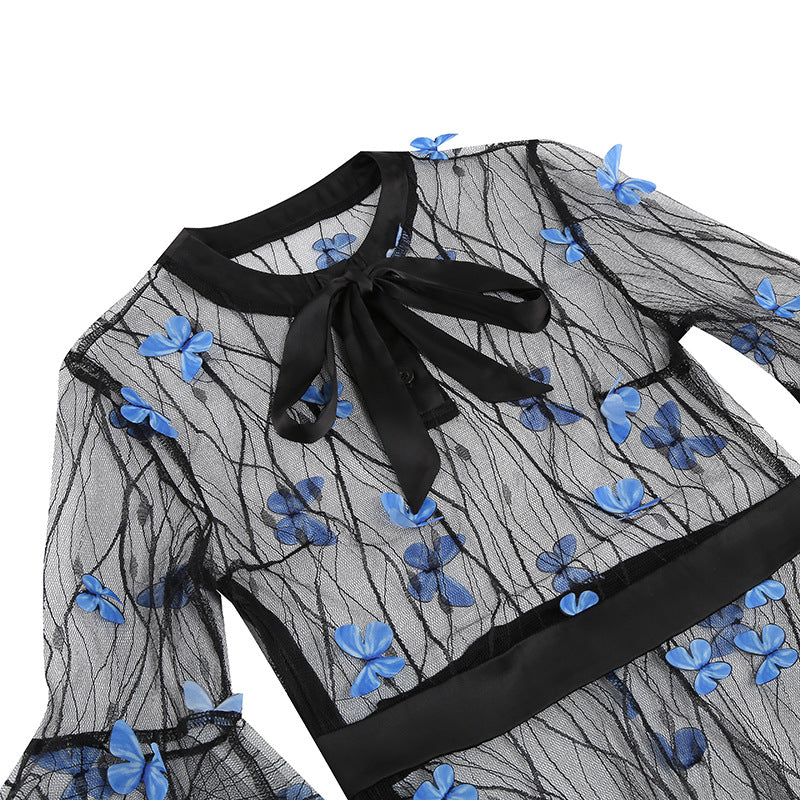 1950S Black A-Line Bow-Tie Neckline Embroidery Sheer Bell Sleeves Vintage Dress with Blue Floral