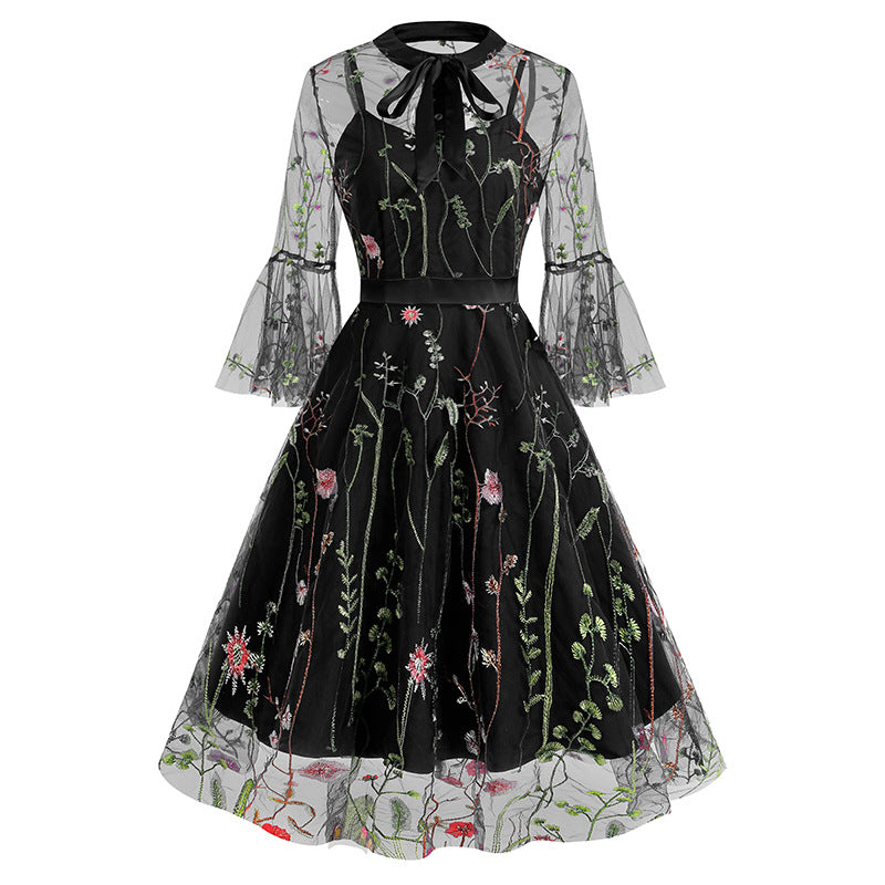 1950S Black A-Line Bow-Tie Neckline Embroidery Sheer Bell Sleeves Vintage Dress with Blue Floral