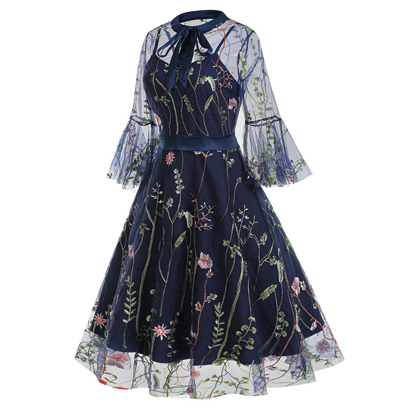 1950S Black A-Line Bow-Tie Neckline Embroidery Sheer Bell Sleeves Vintage Dress with Blue Floral