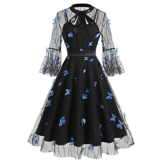 1950S Black A-Line Bow-Tie Neckline Embroidery Sheer Bell Sleeves Vintage Dress with Blue Floral