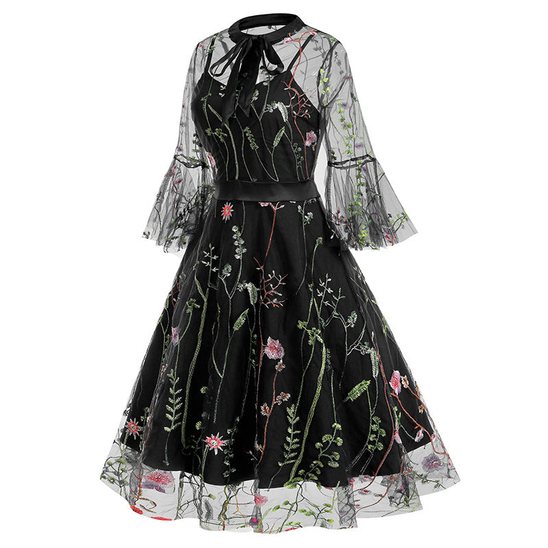 1950S Black A-Line Bow-Tie Neckline Embroidery Sheer Bell Sleeves Vintage Dress with Blue Floral