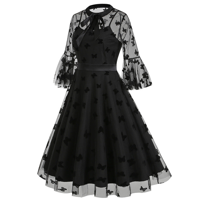 1950S Black A-Line Bow-Tie Neckline Embroidery Sheer Bell Sleeves Vintage Dress with Blue Floral