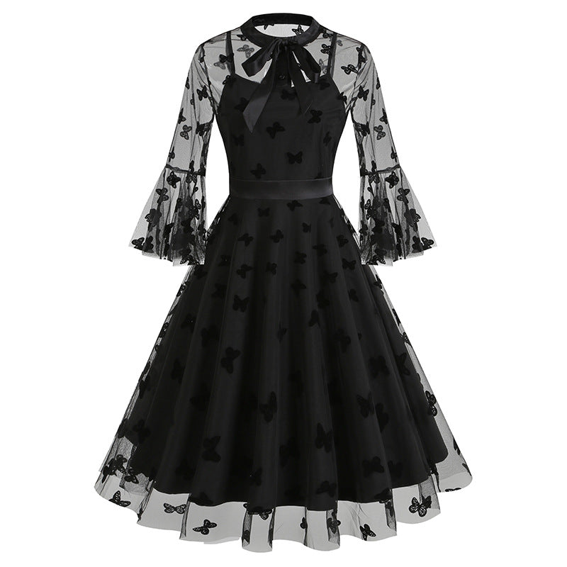 1950S Black A-Line Bow-Tie Neckline Embroidery Sheer Bell Sleeves Vintage Dress with Blue Floral