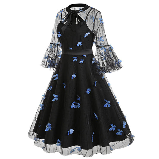 1950S Black A-Line Bow-Tie Neckline Embroidery Sheer Bell Sleeves Vintage Dress with Blue Floral