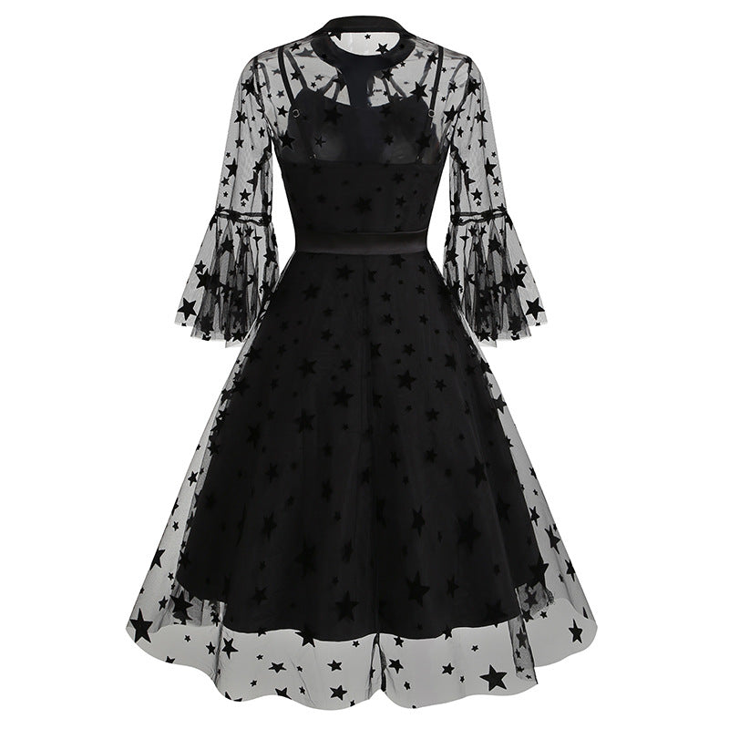 1950S Black A-Line Bow-Tie Neckline Embroidery Sheer Bell Sleeves Vintage Dress with Blue Floral