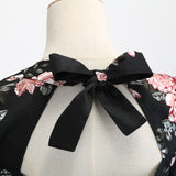 1950S Black Floral Print Bow-Tie Neck Vintage Swing Dress with 3/4 Sleeves