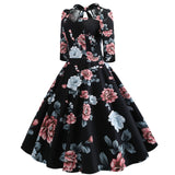 1950S Black Floral Print Bow-Tie Neck Vintage Swing Dress with 3/4 Sleeves