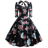 1950S Black Floral Print Bow-Tie Neck Vintage Swing Dress with 3/4 Sleeves