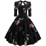 1950S Black Floral Print Bow-Tie Neck Vintage Swing Dress with 3/4 Sleeves