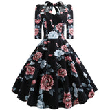 1950S Black Floral Print Bow-Tie Neck Vintage Swing Dress with 3/4 Sleeves