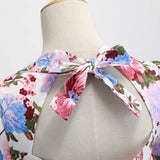 1950S Black Floral Print Bow-Tie Neck Vintage Swing Dress with 3/4 Sleeves