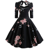 1950S Black Floral Print Bow-Tie Neck Vintage Swing Dress with 3/4 Sleeves