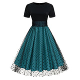 1950S Black Round Neck And Teal Polka Dot Vintage Dress