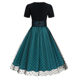 1950S Black Round Neck And Teal Polka Dot Vintage Dress