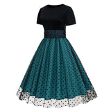 1950S Black Round Neck And Teal Polka Dot Vintage Dress