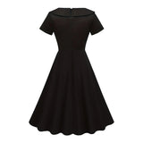 1950S Black Short Sleeve Button-Front Vintage Swing Dress with Contrast Collar