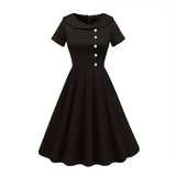 1950S Black Short Sleeve Button-Front Vintage Swing Dress with Contrast Collar