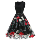 1950S Black Sleeveless V-Neck A-Line Dress with Red and White Floral Embroidered Tulle Skirt