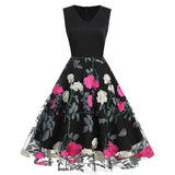 1950S Black Sleeveless V-Neck A-Line Dress with Red and White Floral Embroidered Tulle Skirt