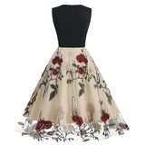 1950S Black Sleeveless V-Neck A-Line Dress with Red and White Floral Embroidered Tulle Skirt