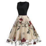 1950S Black Sleeveless V-Neck A-Line Dress with Red and White Floral Embroidered Tulle Skirt