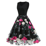 1950S Black Sleeveless V-Neck A-Line Dress with Red and White Floral Embroidered Tulle Skirt