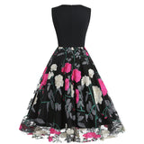 1950S Black Sleeveless V-Neck A-Line Dress with Red and White Floral Embroidered Tulle Skirt