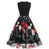 1950S Black Sleeveless V-Neck A-Line Dress with Red and White Floral Embroidered Tulle Skirt