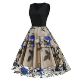 1950S Black Sleeveless V-Neck A-Line Dress with Red and White Floral Embroidered Tulle Skirt