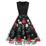 1950S Black Sleeveless V-Neck A-Line Dress with Red and White Floral Embroidered Tulle Skirt