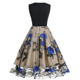 1950S Black Sleeveless V-Neck A-Line Dress with Red and White Floral Embroidered Tulle Skirt