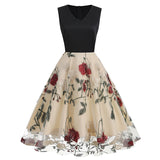 1950S Black Sleeveless V-Neck A-Line Dress with Red and White Floral Embroidered Tulle Skirt
