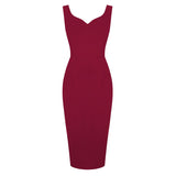 1950S Burgundy Sleeveless Bodycon Midi Vintage Dress