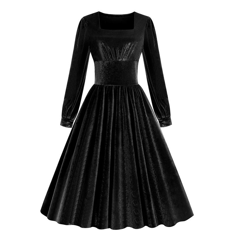 1950S Emerald Green Velvet Long Sleeve A-Line Square Neckline Dress