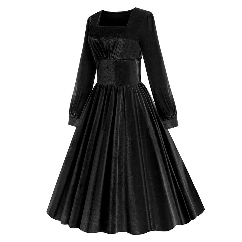 1950S Emerald Green Velvet Long Sleeve A-Line Square Neckline Dress