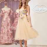 3D Flower Tulle Tea Length Prom Dresses