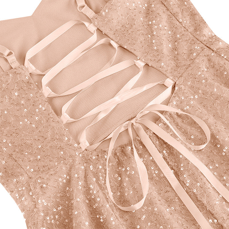 1950S Glittering Pink Sequin Spaghetti Strap Sweetheart Neckline Vintage Swing Dress